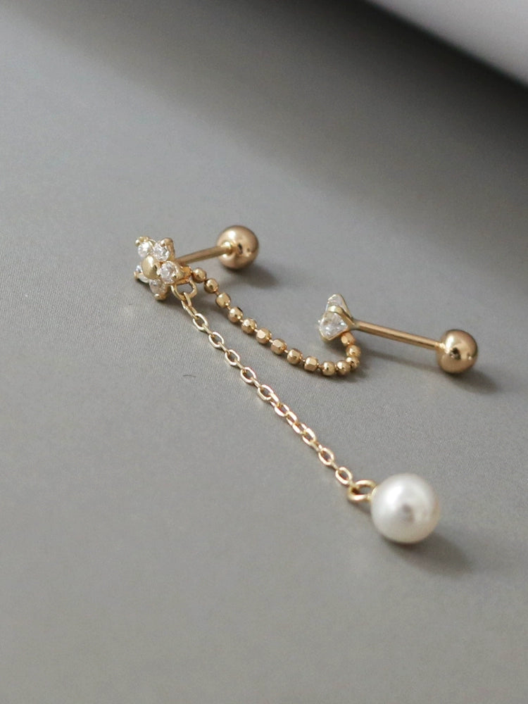 One Piece Two Chain Star Pearl Stud Earring