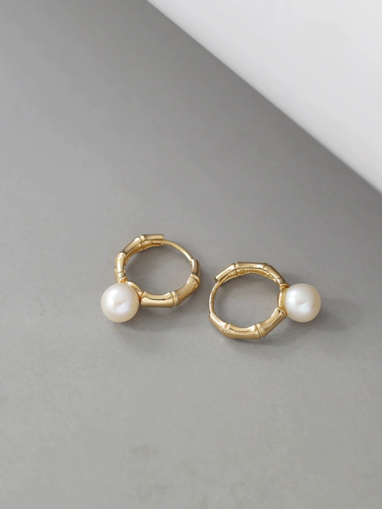 Bamboo Frame Pearl Hoop Earrings