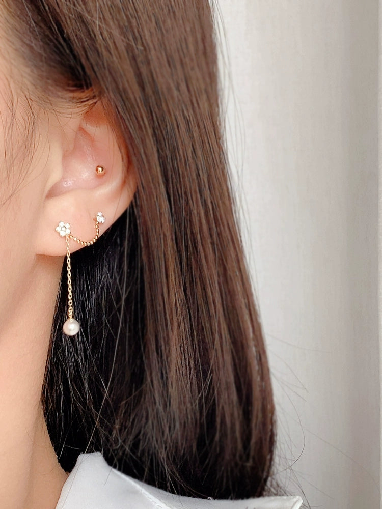 One Piece Two Chain Star Pearl Stud Earring