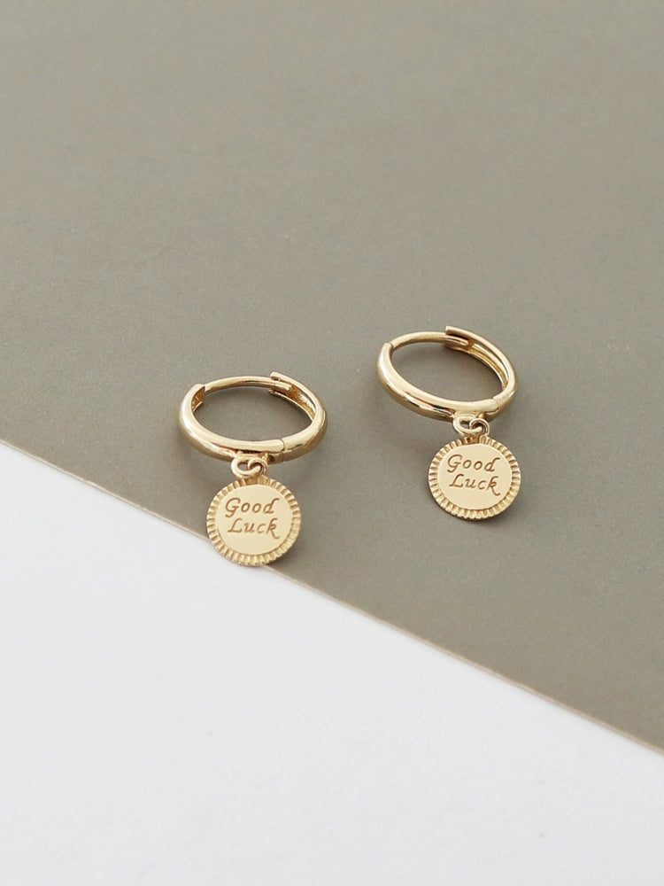 'Good Luck" Coin Huggie Hoops