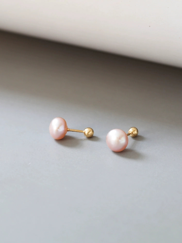 Pinky Pearl Button Stud Earrings