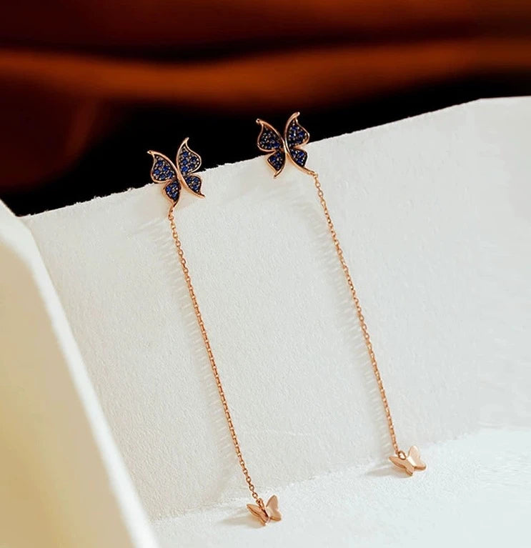 Sapphire Butterfly Chain Drop Stud Earrings