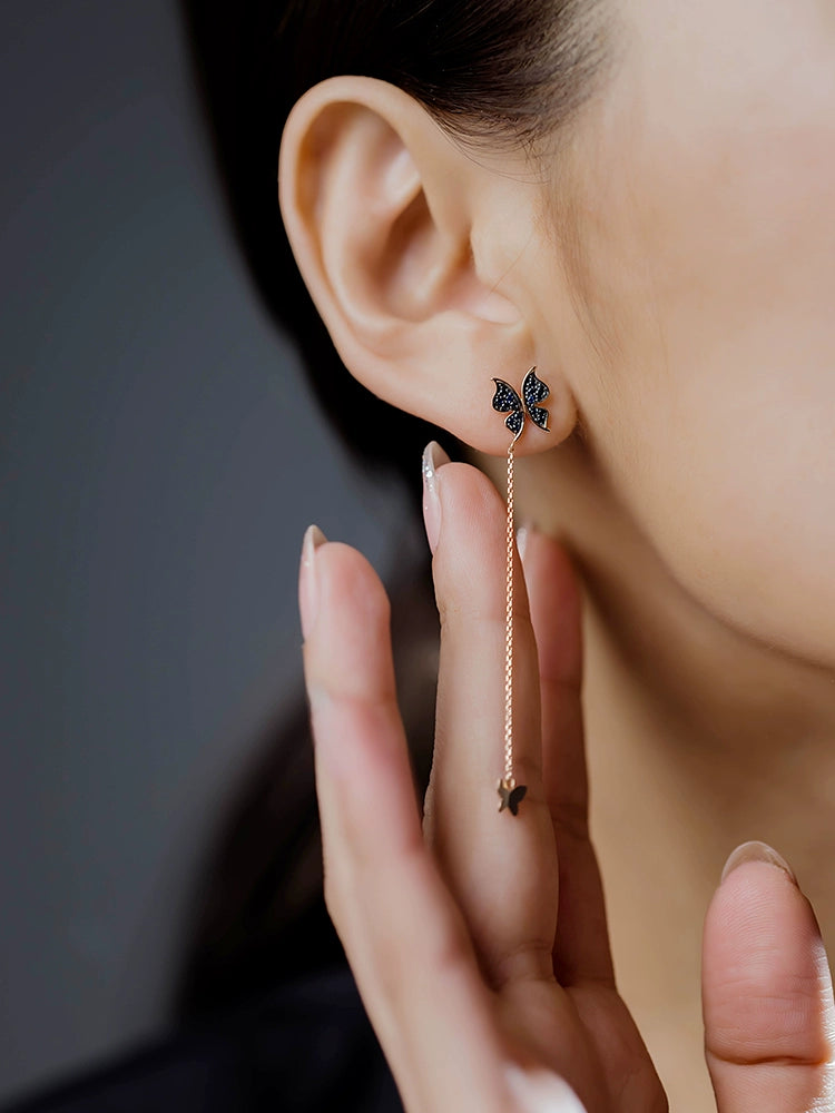 Sapphire Butterfly Chain Drop Stud Earrings