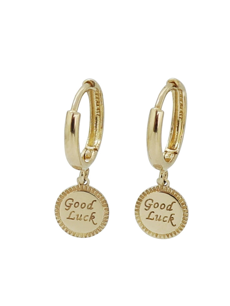 'Good Luck" Coin Huggie Hoops