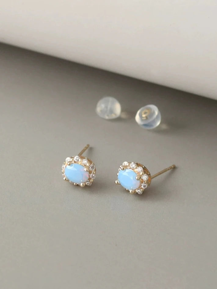 Beaded Aquamarine Stone Stud Earrings