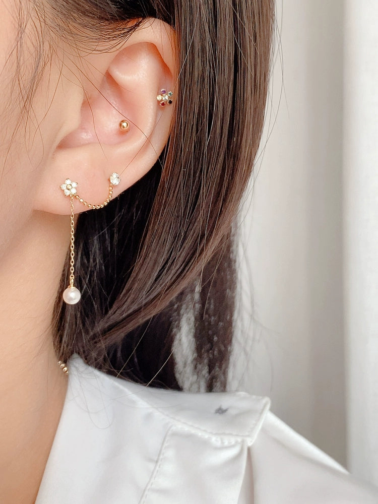 One Piece Two Chain Star Pearl Stud Earring