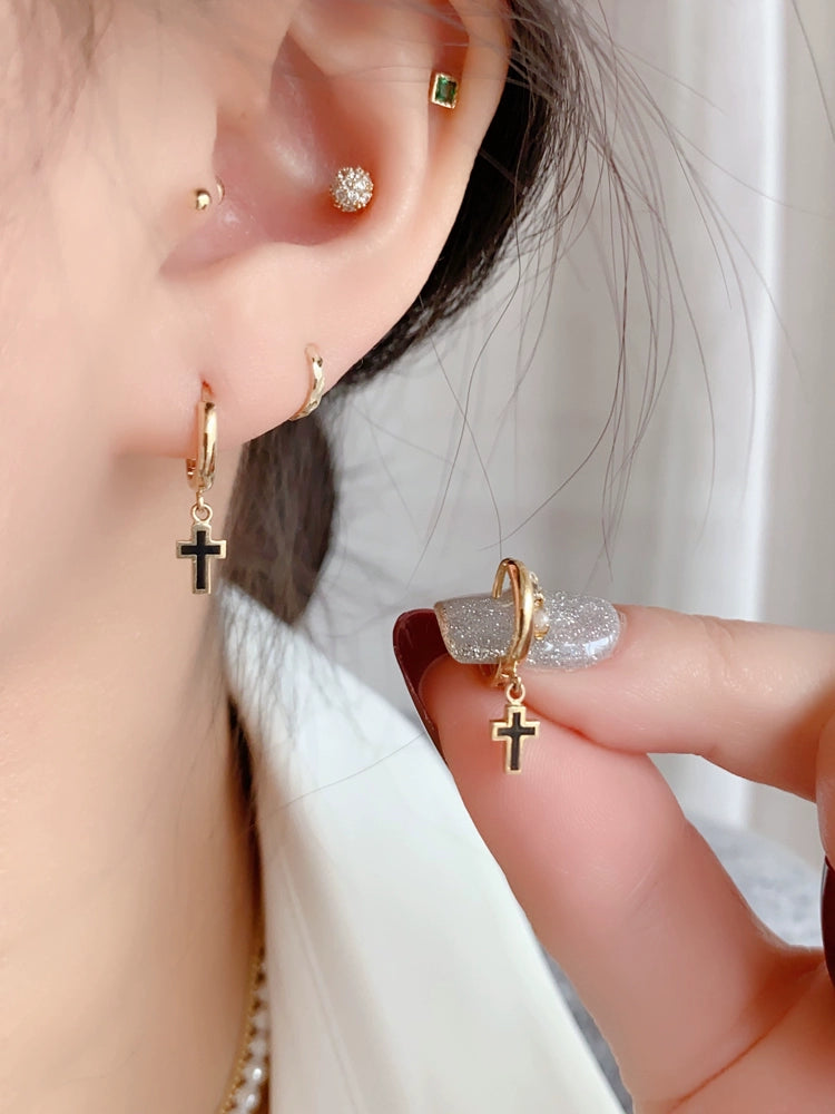 Black Cross Drop Huggie Hoops