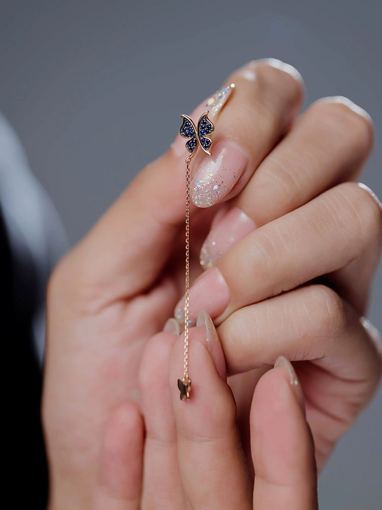 Sapphire Butterfly Chain Drop Stud Earrings