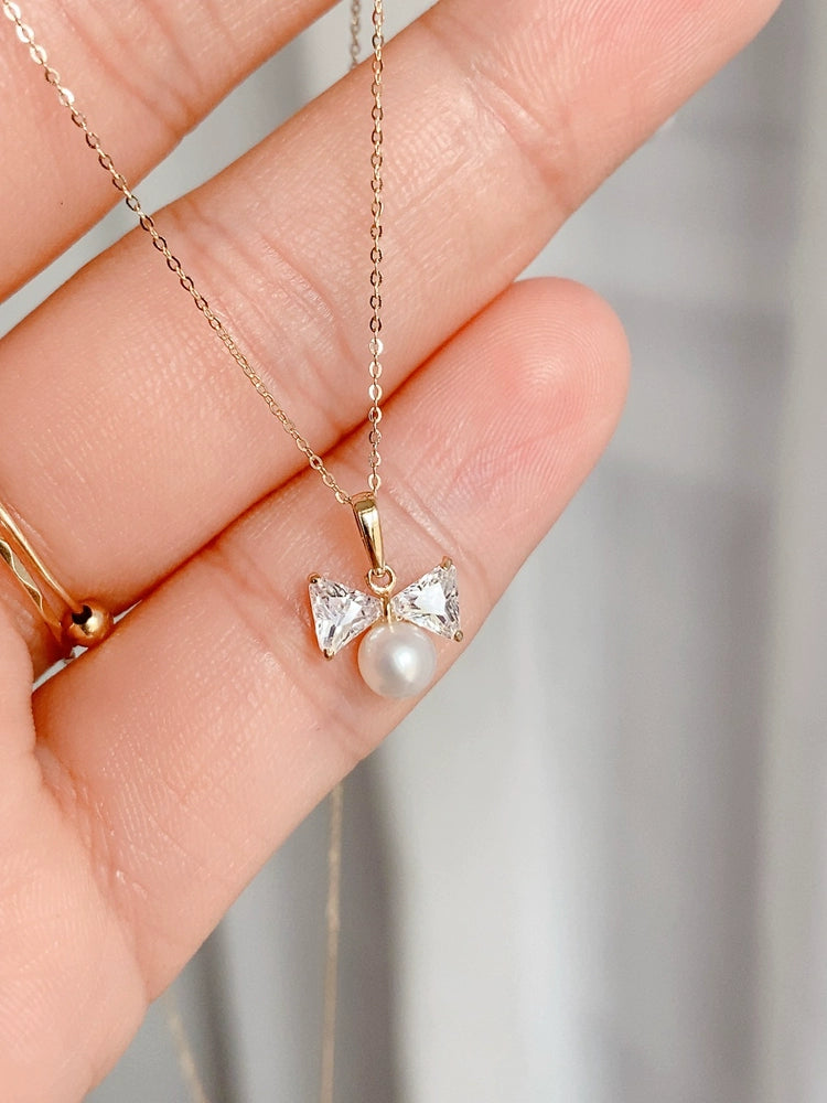 Bow Tie Pearl Charm Necklace