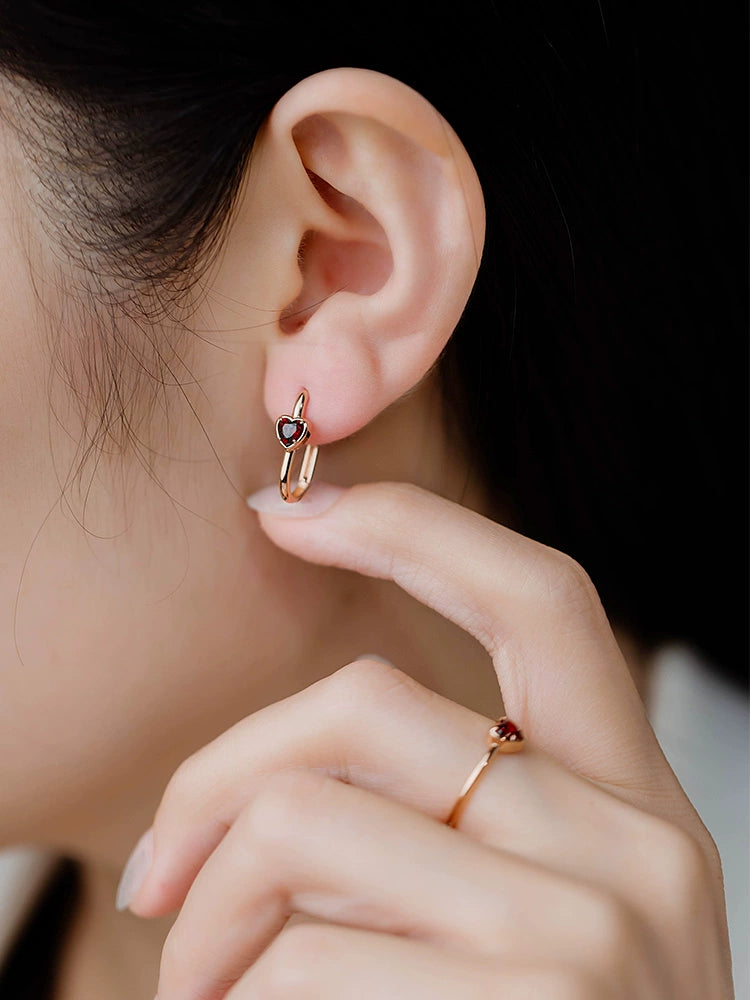 Red Garnet Heart Oval Hoop Earrings