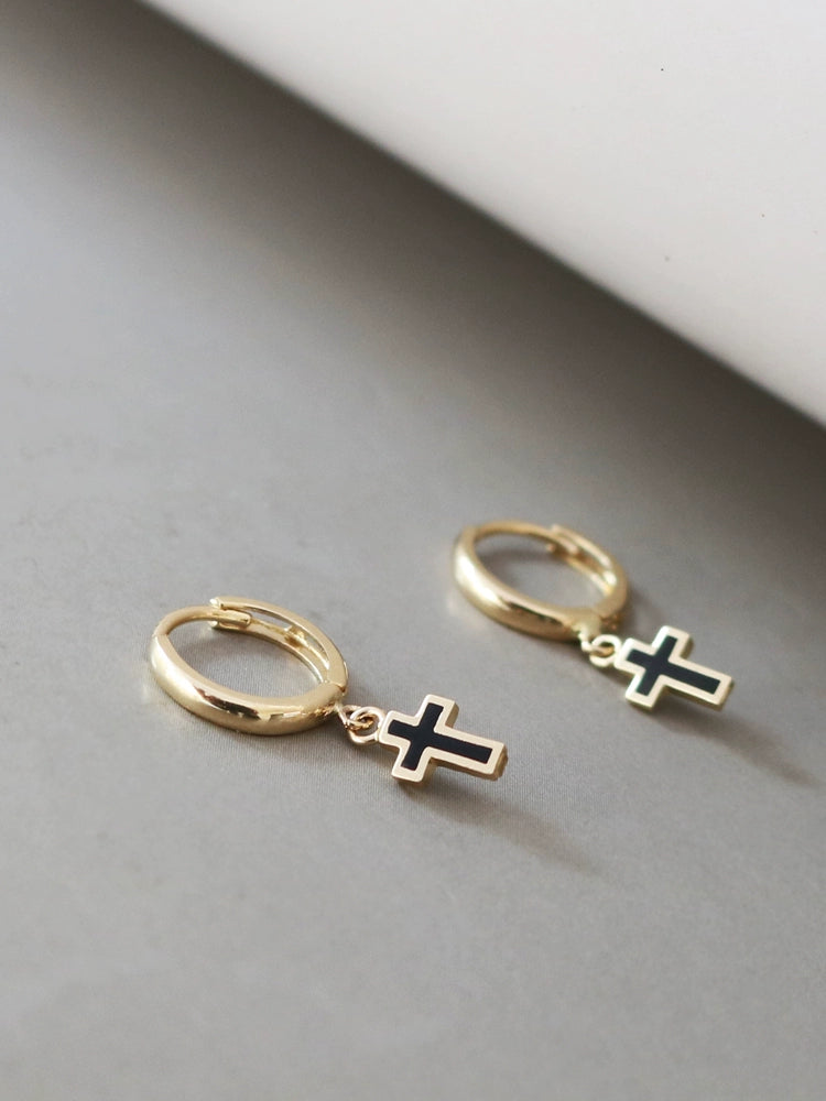 Black Cross Drop Huggie Hoops