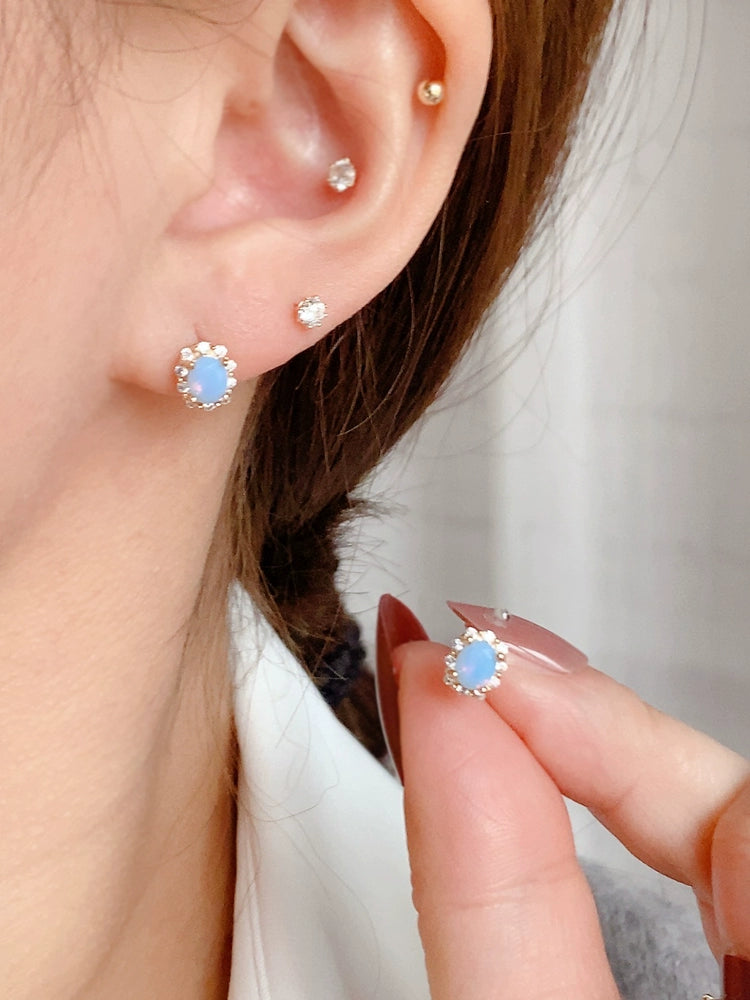 Beaded Aquamarine Stone Stud Earrings