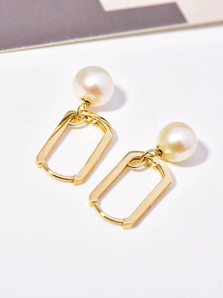 Oblong Frame Hanging Pearl Hoop Earrings