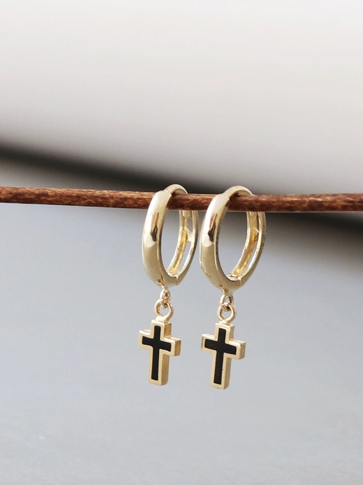 Black Cross Drop Huggie Hoops