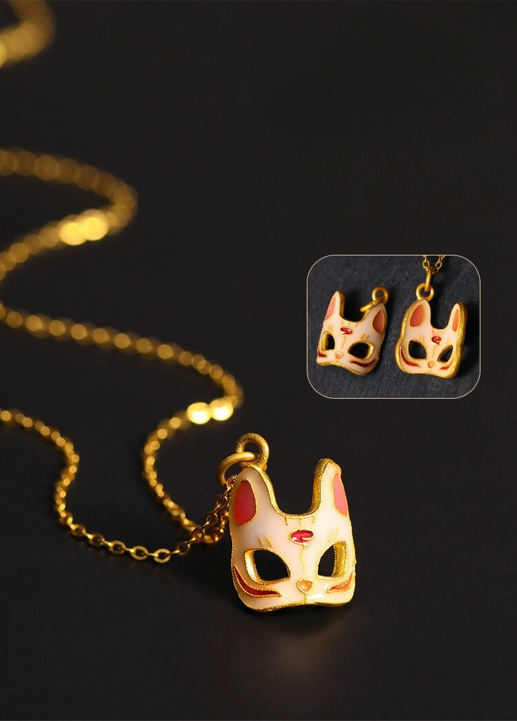 Feline Oni Mask Charm Necklace