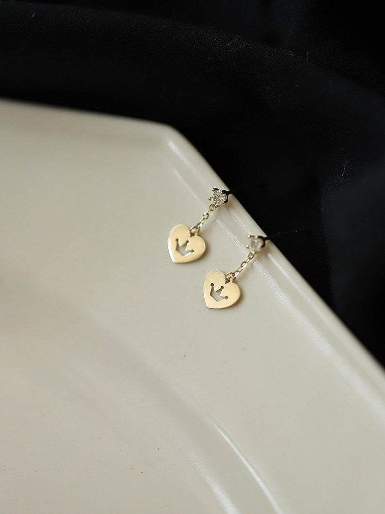 Heart Crest Dangle Stud Earrings