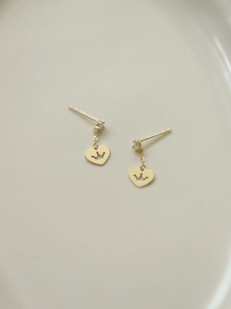 Heart Crest Dangle Stud Earrings